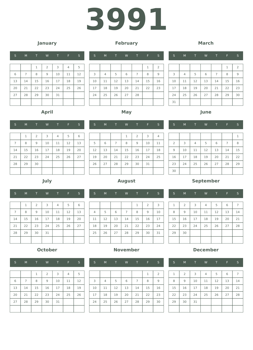 Printable 3991 Year Calendars feldgrau