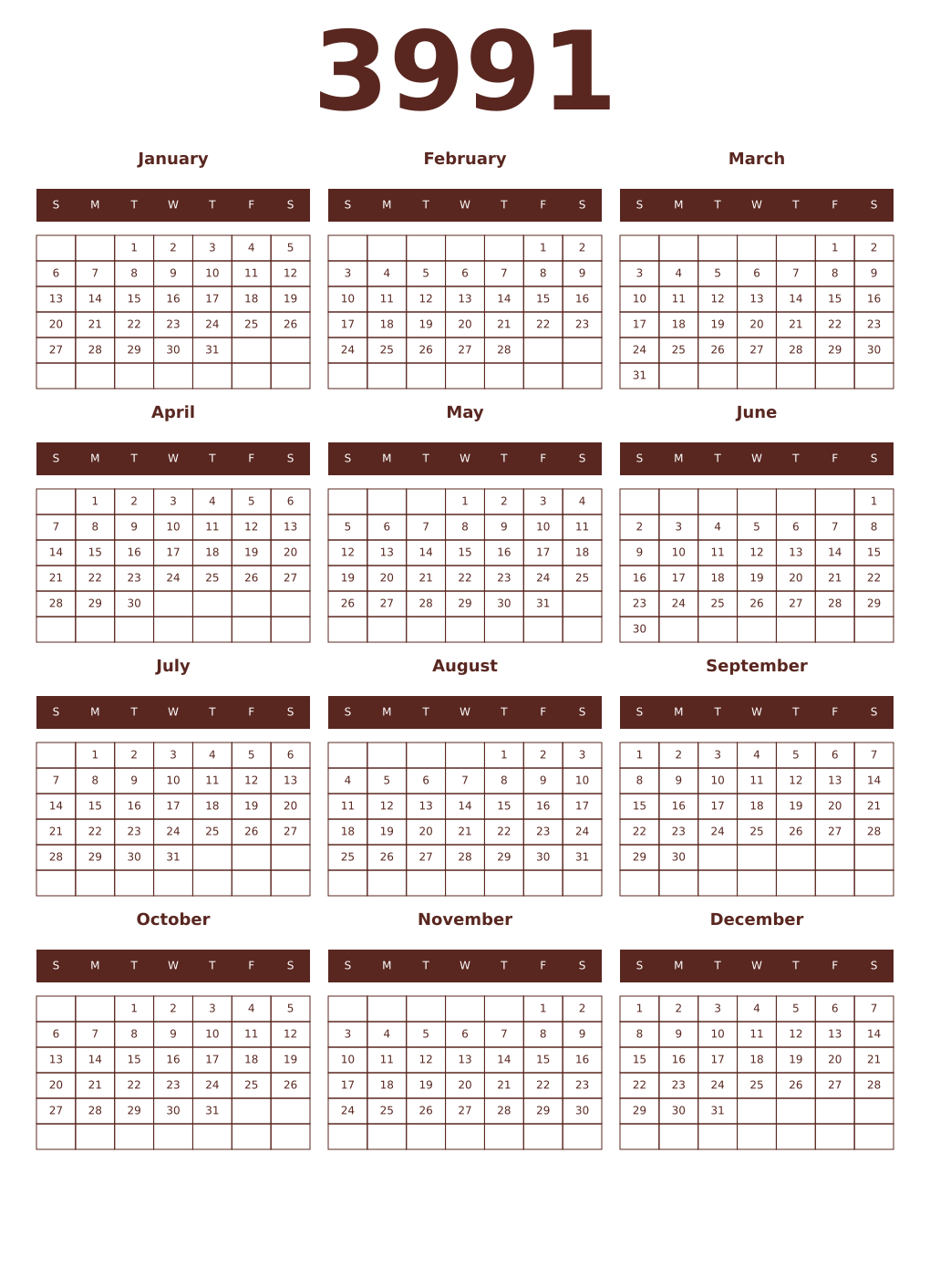 Printable 3991 Year Calendars mortuum