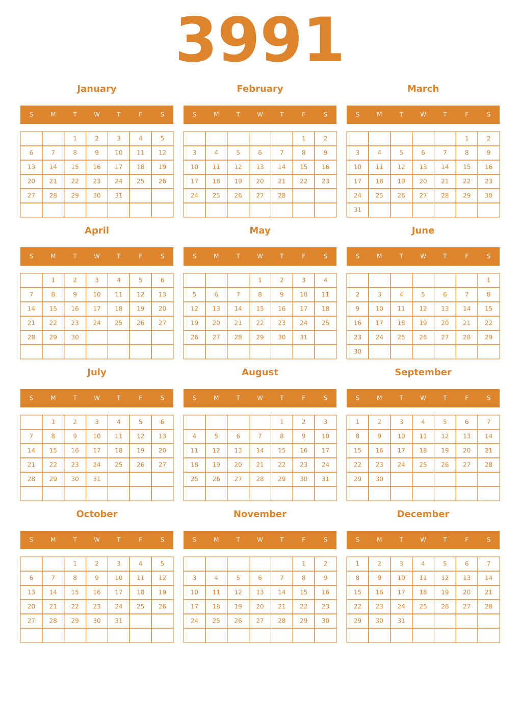 Printable 3991 Year Calendars orange
