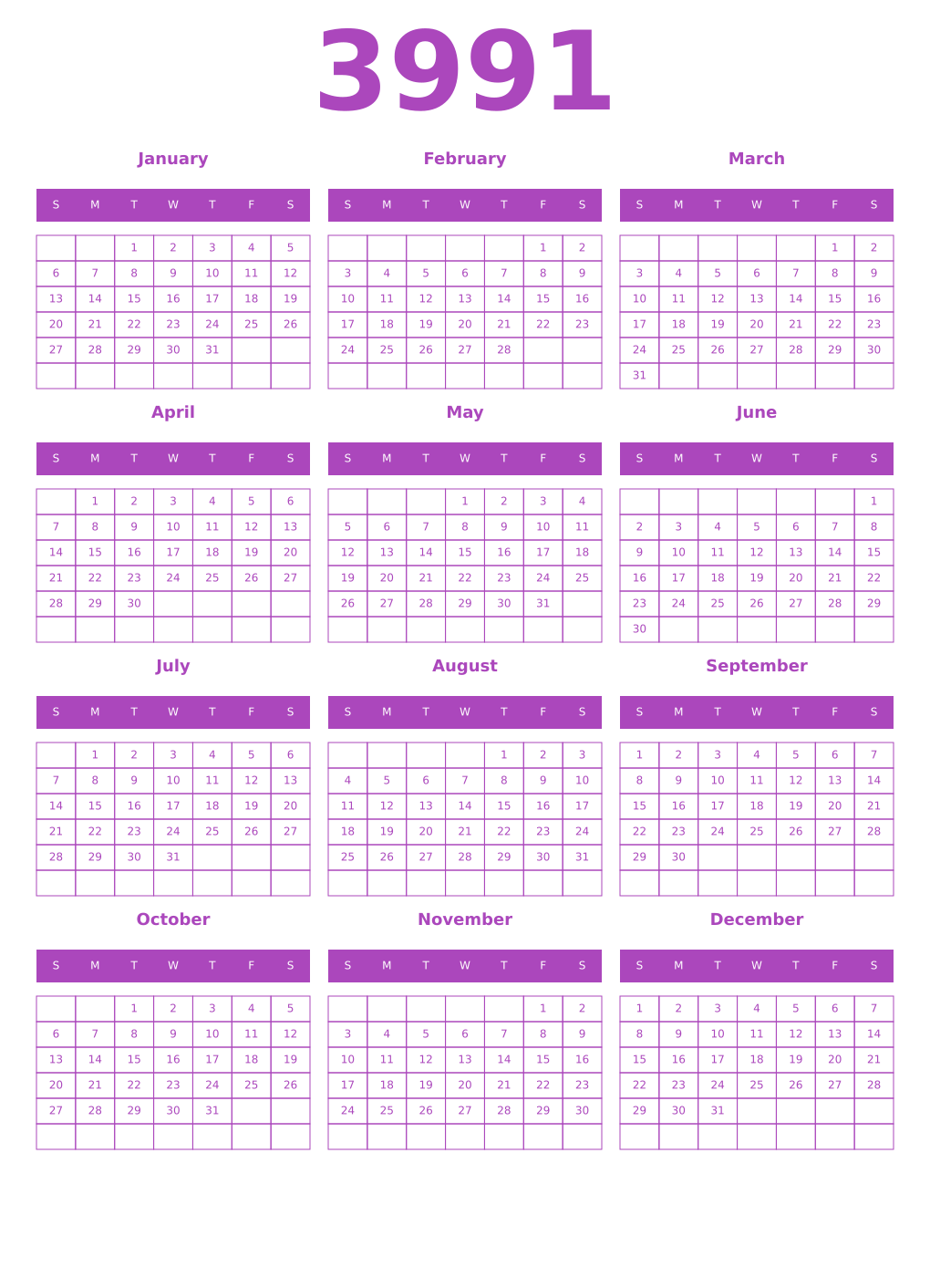 Printable 3991 Year Calendars purple
