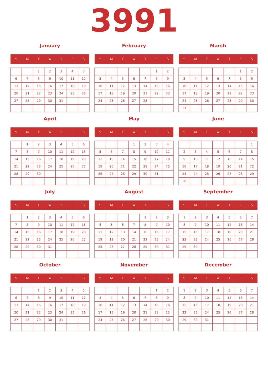 Printable 3991 Year Calendars red