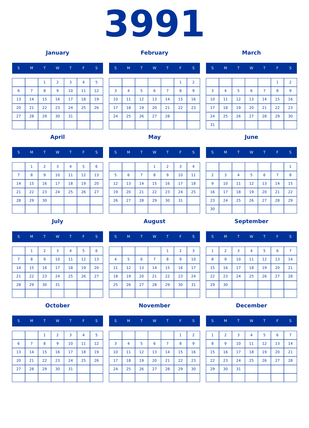 Printable 3991 Year Calendars smalt