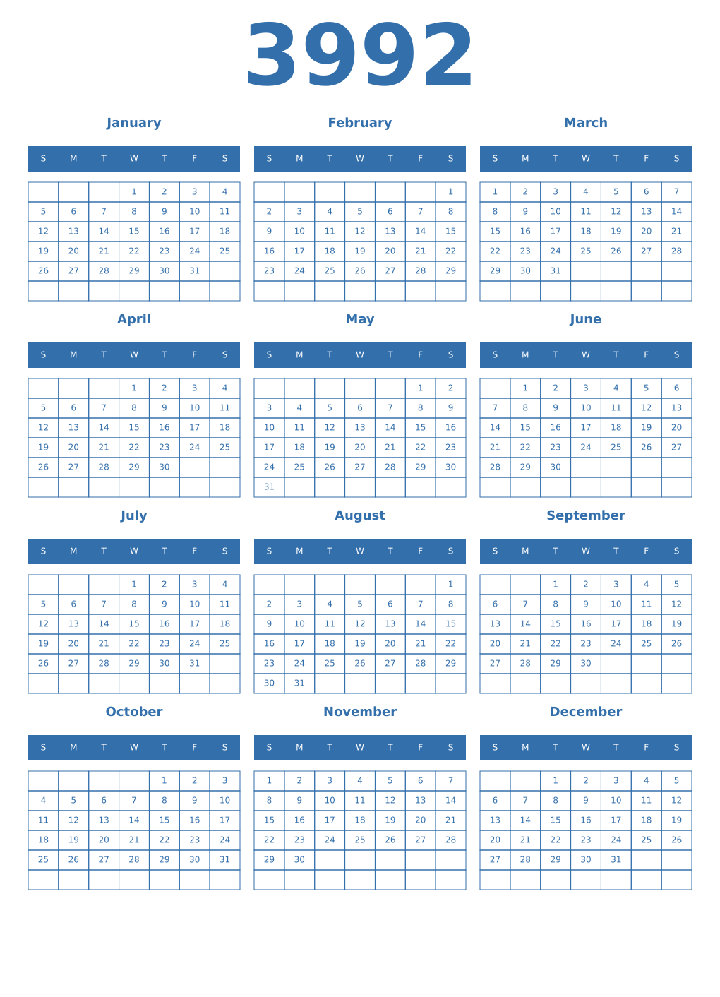 Printable 3992 Year Calendars blue