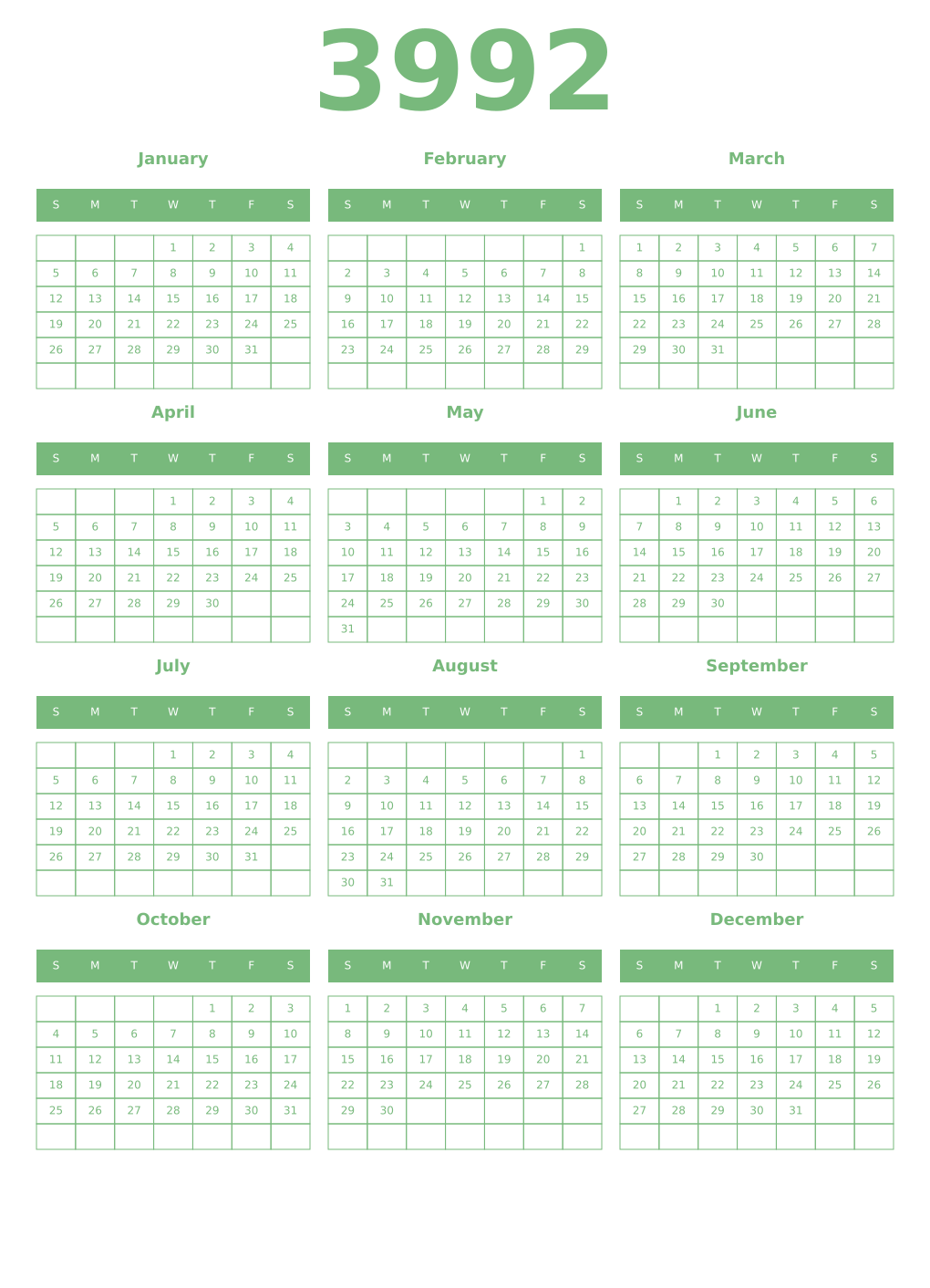 Printable 3992 Year Calendars celadon