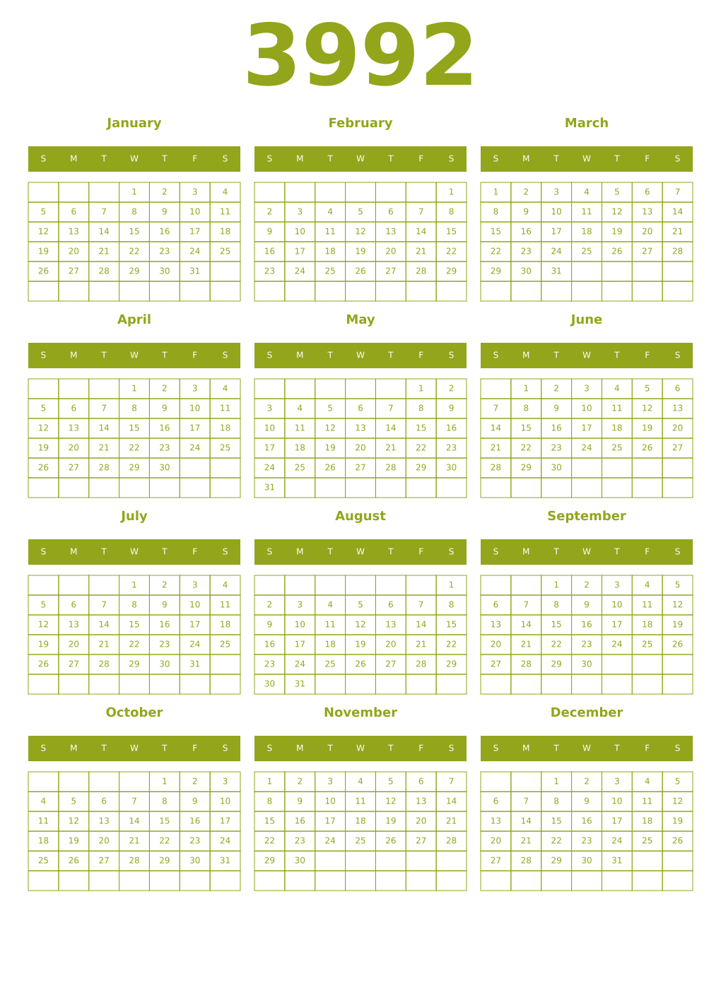 Printable 3992 Year Calendars chartreuse