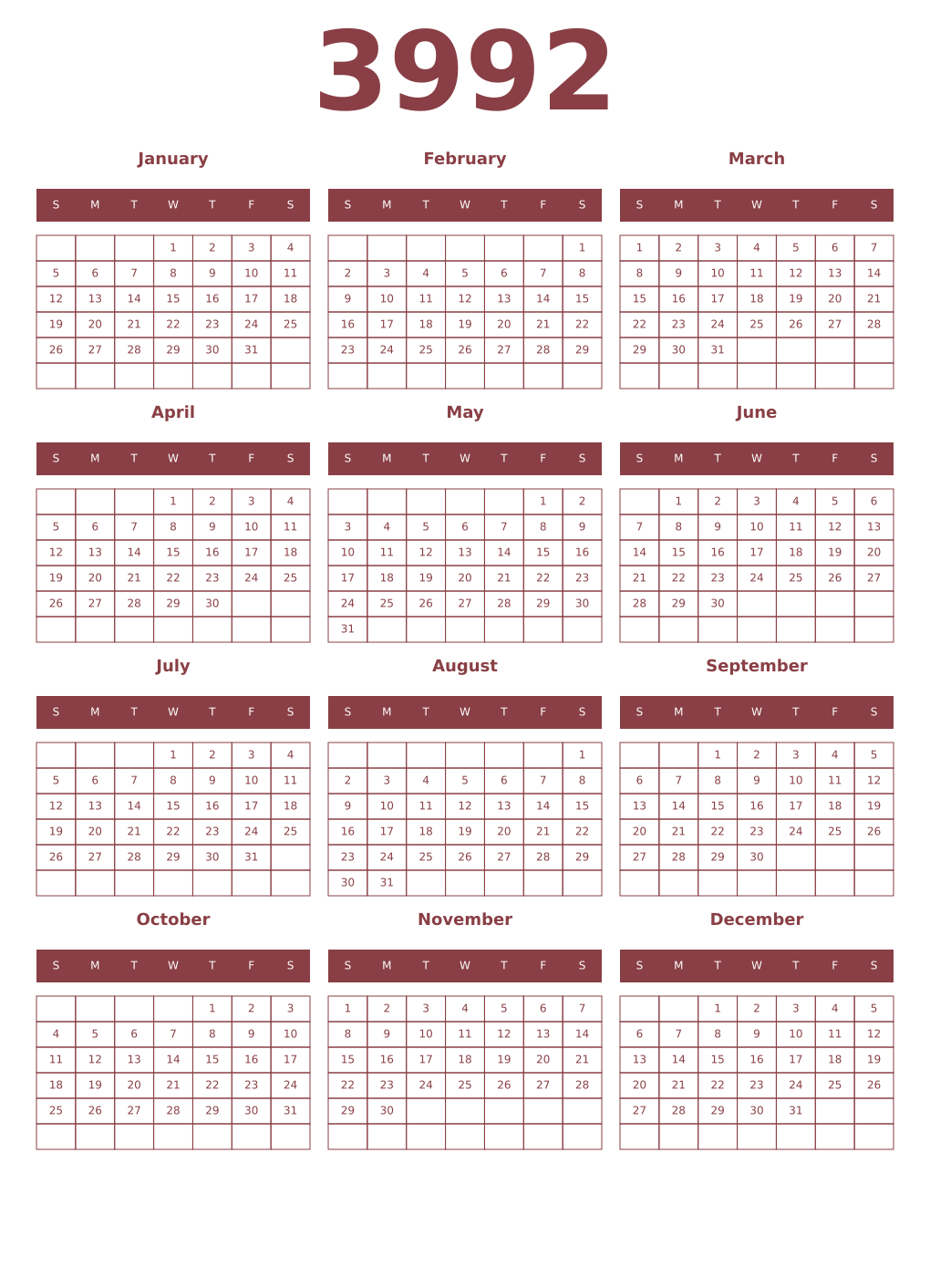 Printable 3992 Year Calendars cordovan