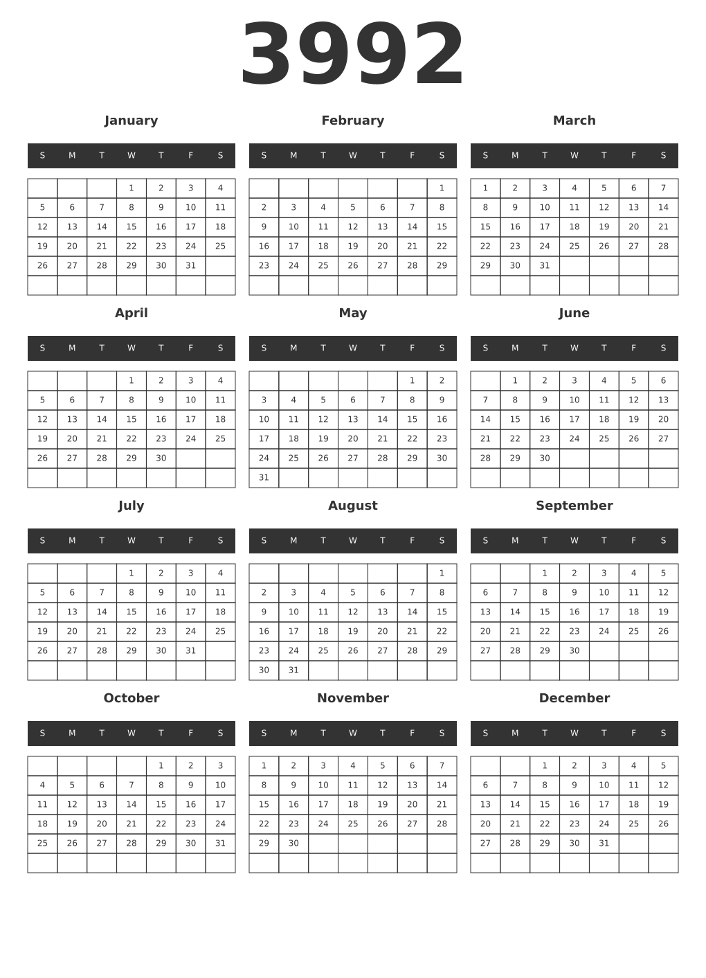 Printable 3992 Year Calendars dark