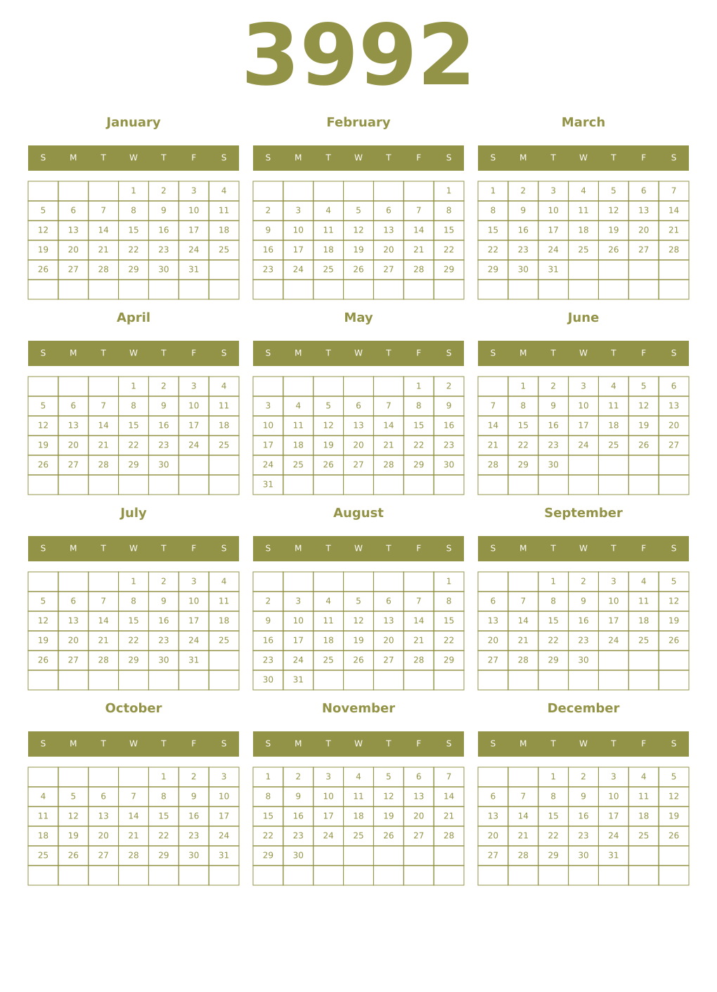Printable 3992 Year Calendars eburnean