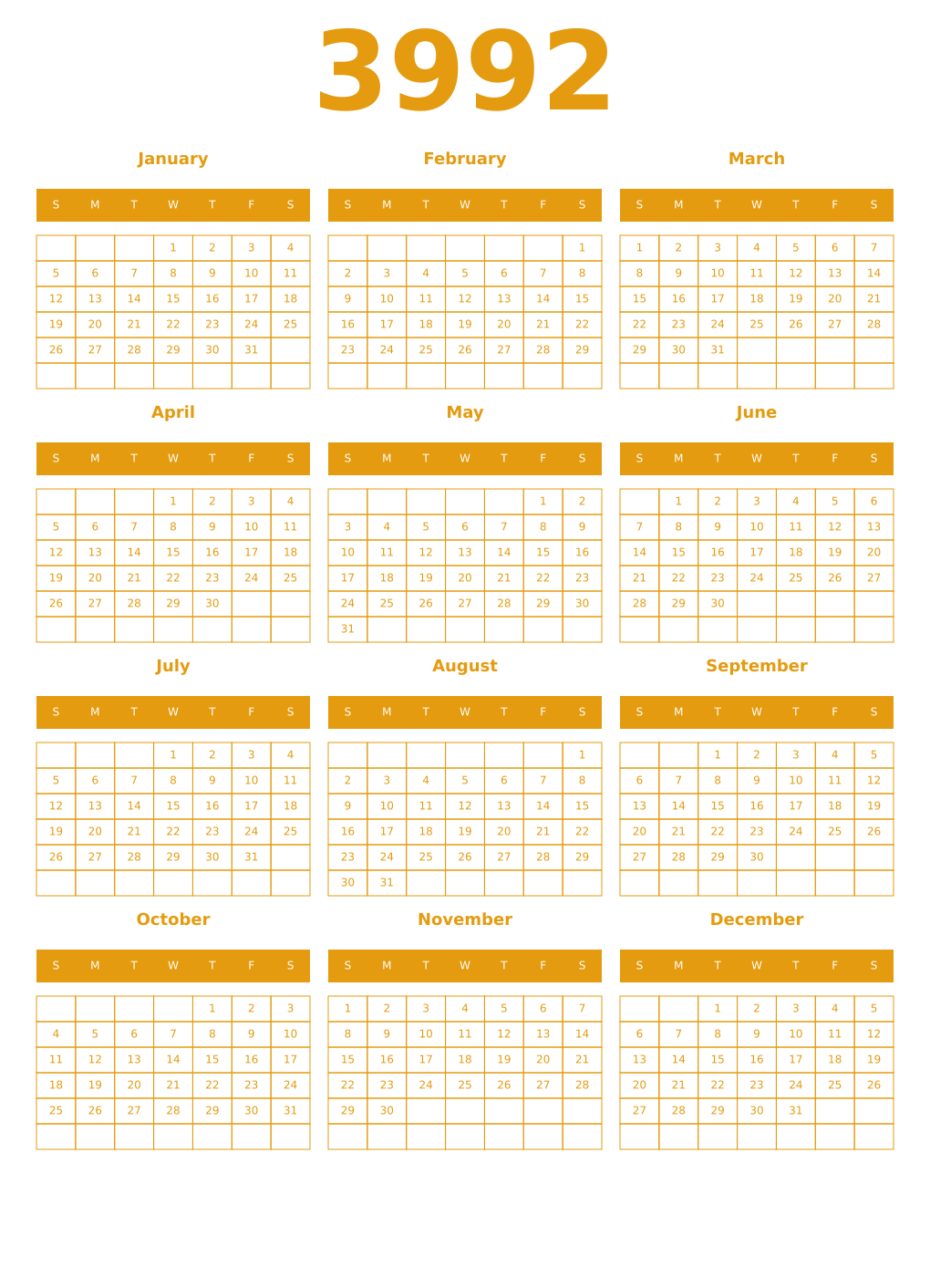 Printable 3992 Year Calendars gamboge