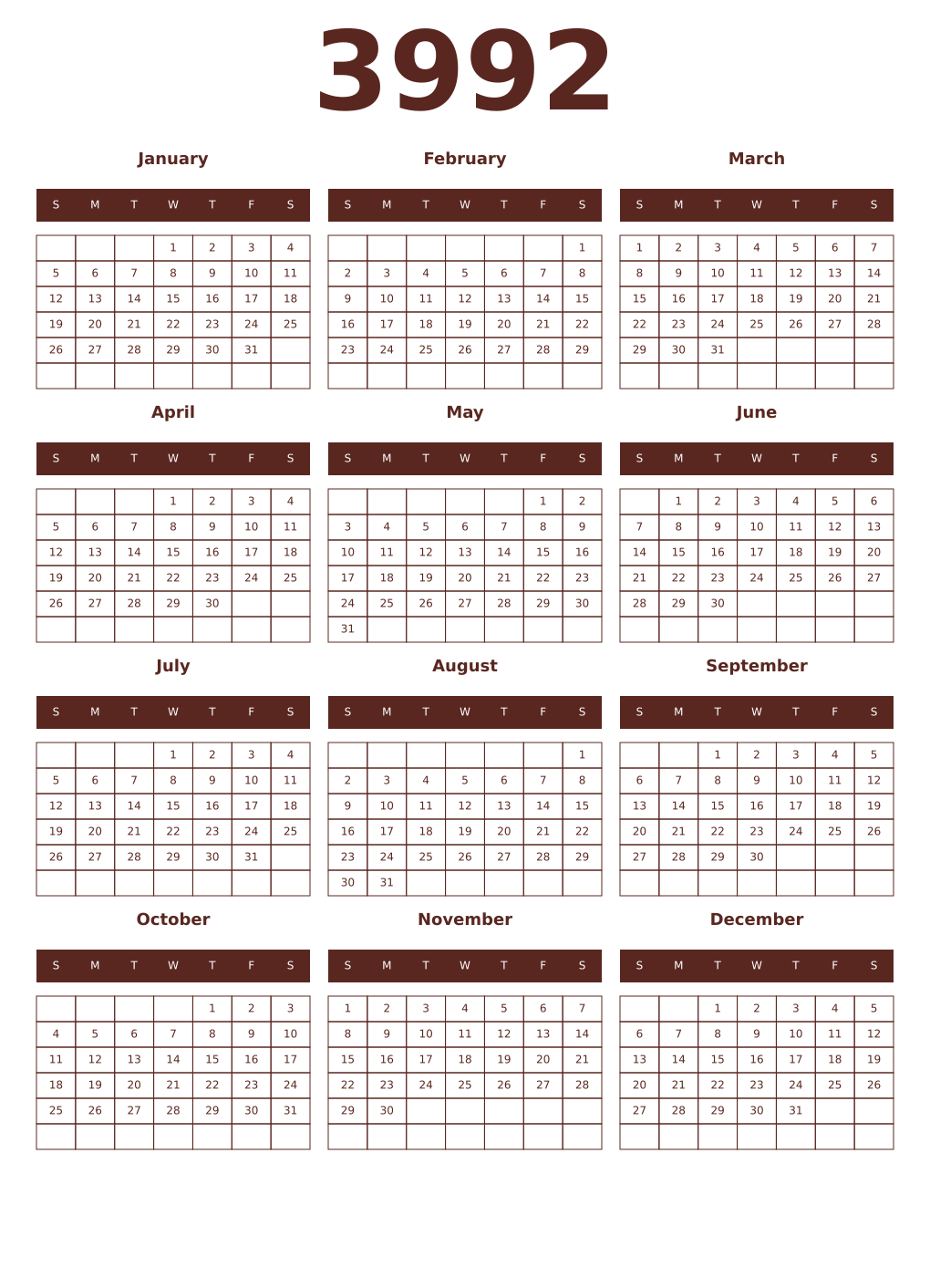 Printable 3992 Year Calendars mortuum