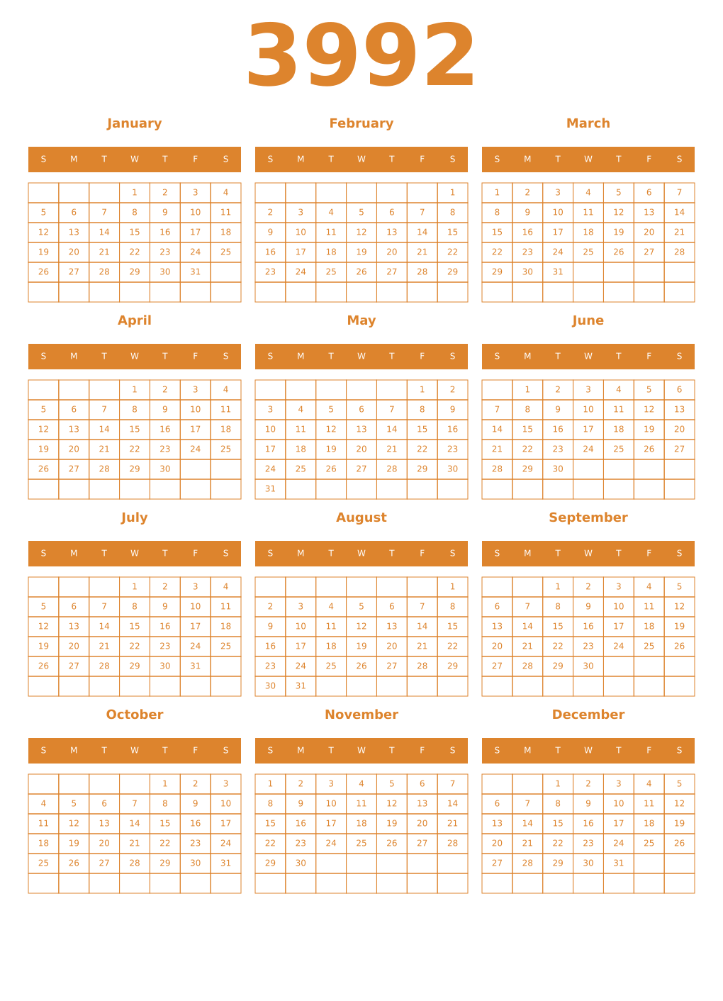 Printable 3992 Year Calendars orange