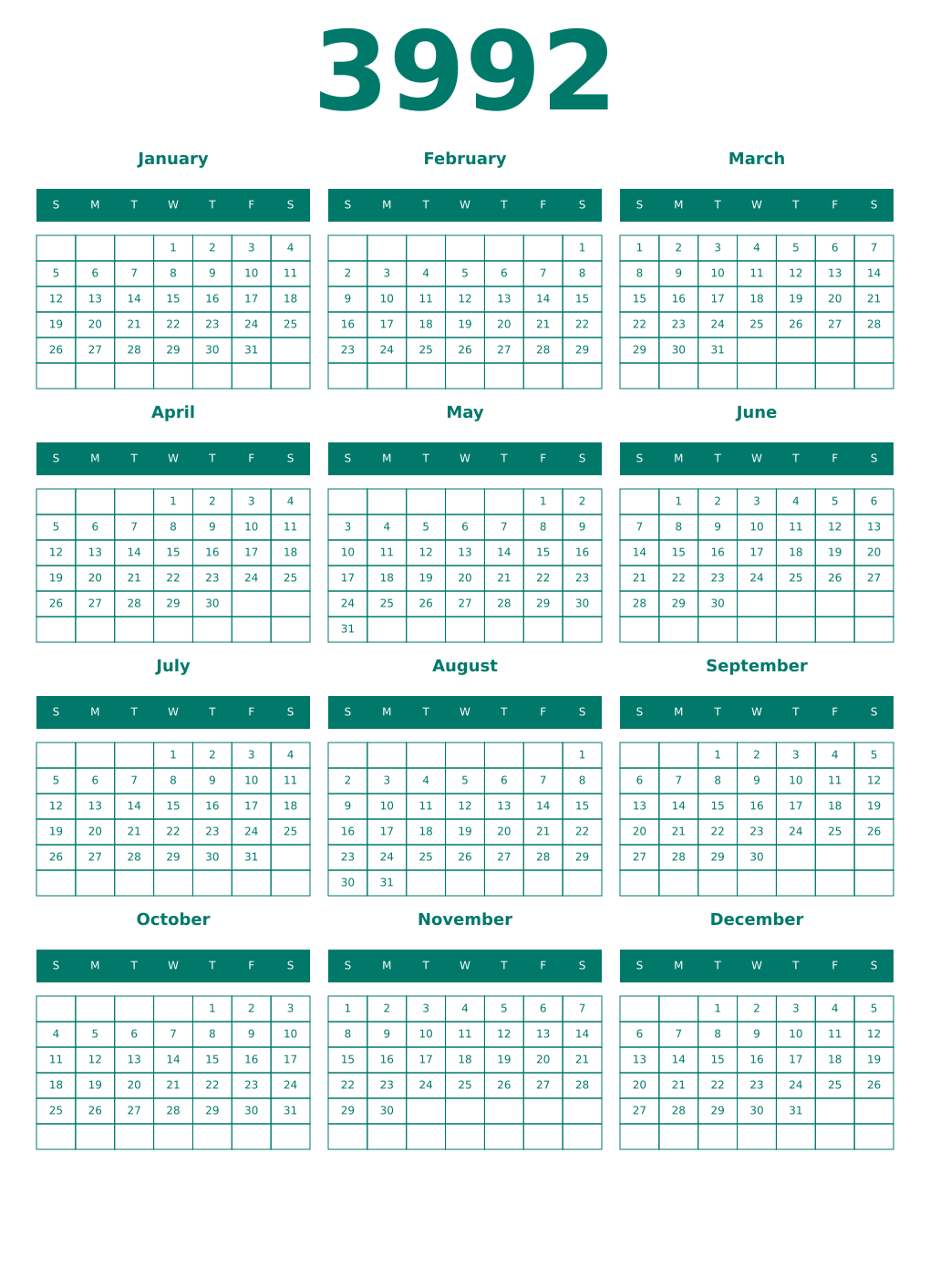 Printable 3992 Year Calendars pastel