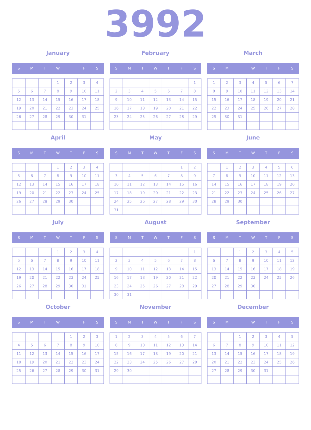 Printable 3992 Year Calendars periwinkle