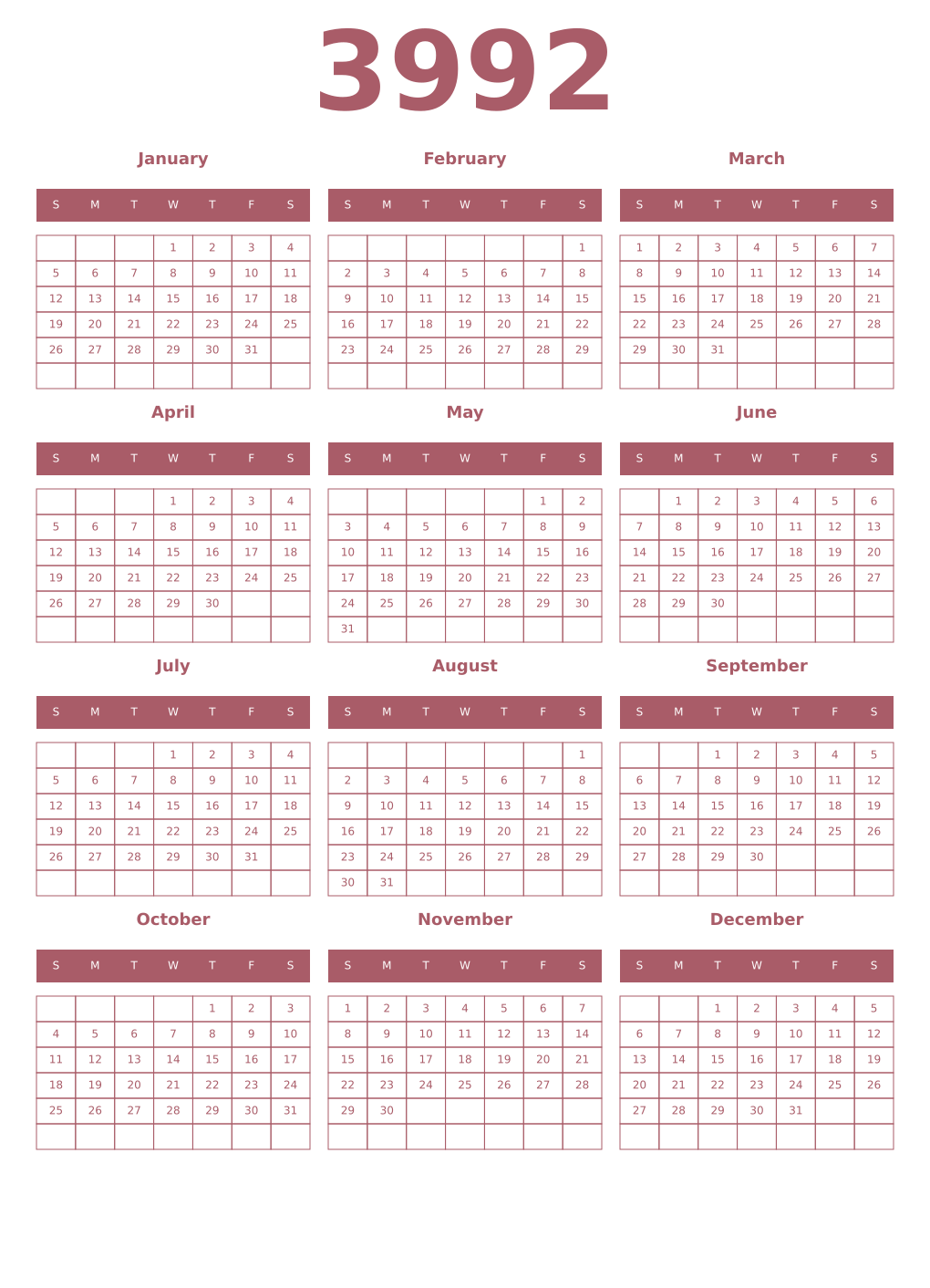 Printable 3992 Year Calendars puce