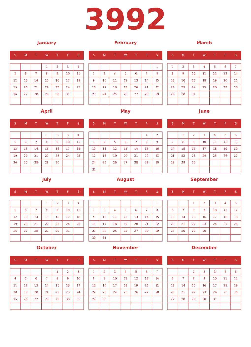 Printable 3992 Year Calendars red