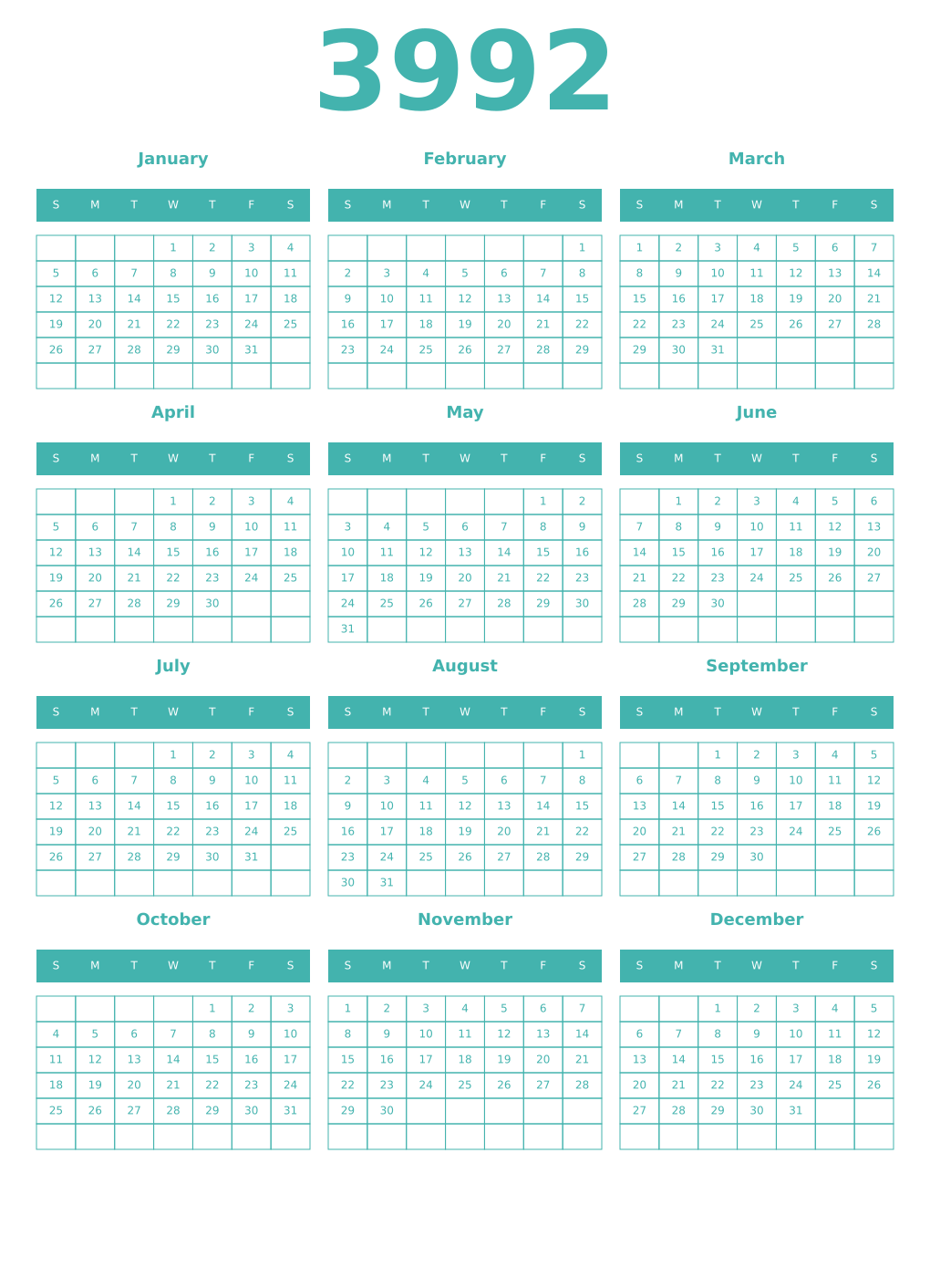 Printable 3992 Year Calendars verdigris
