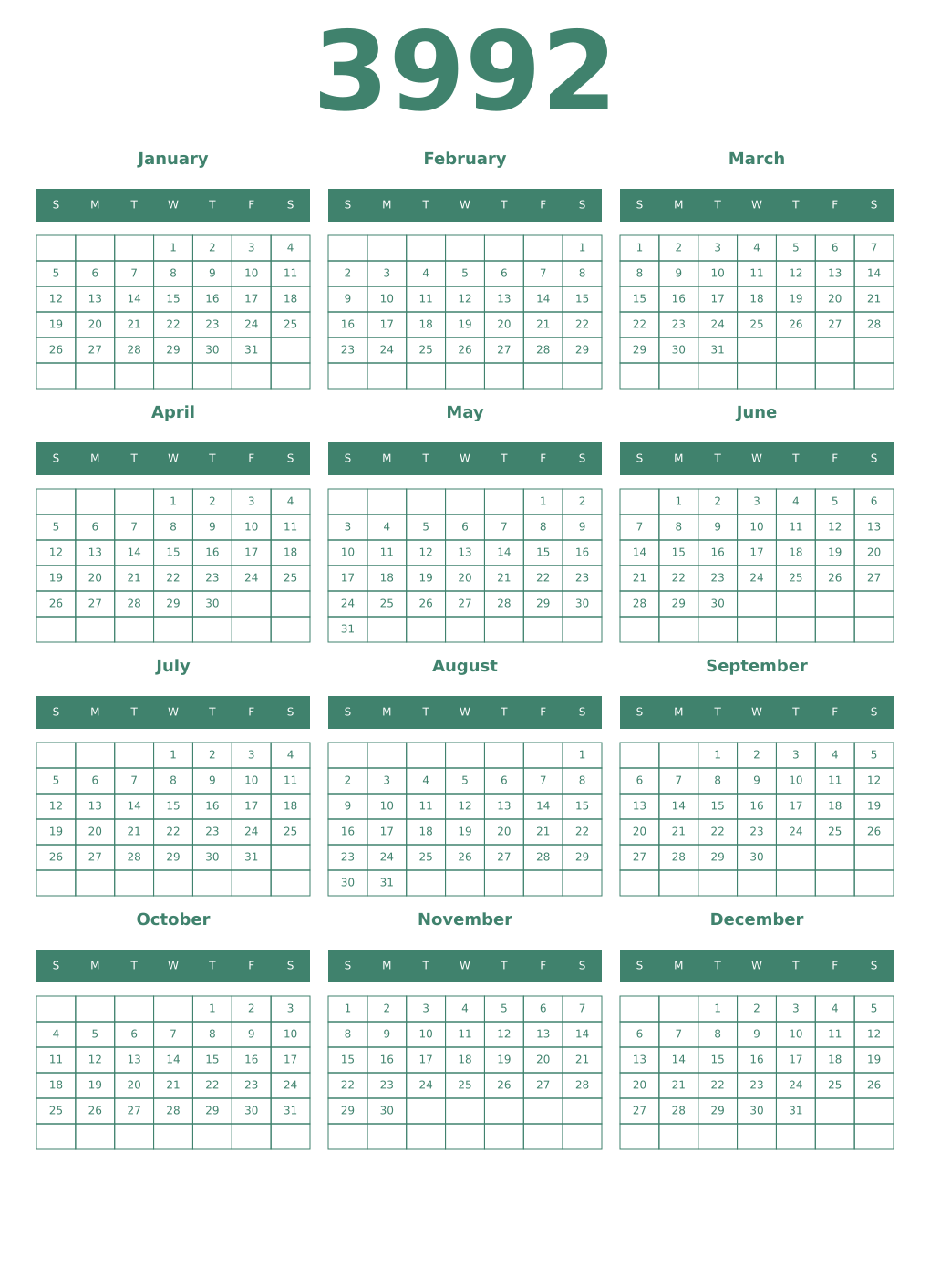 Printable 3992 Year Calendars viridian