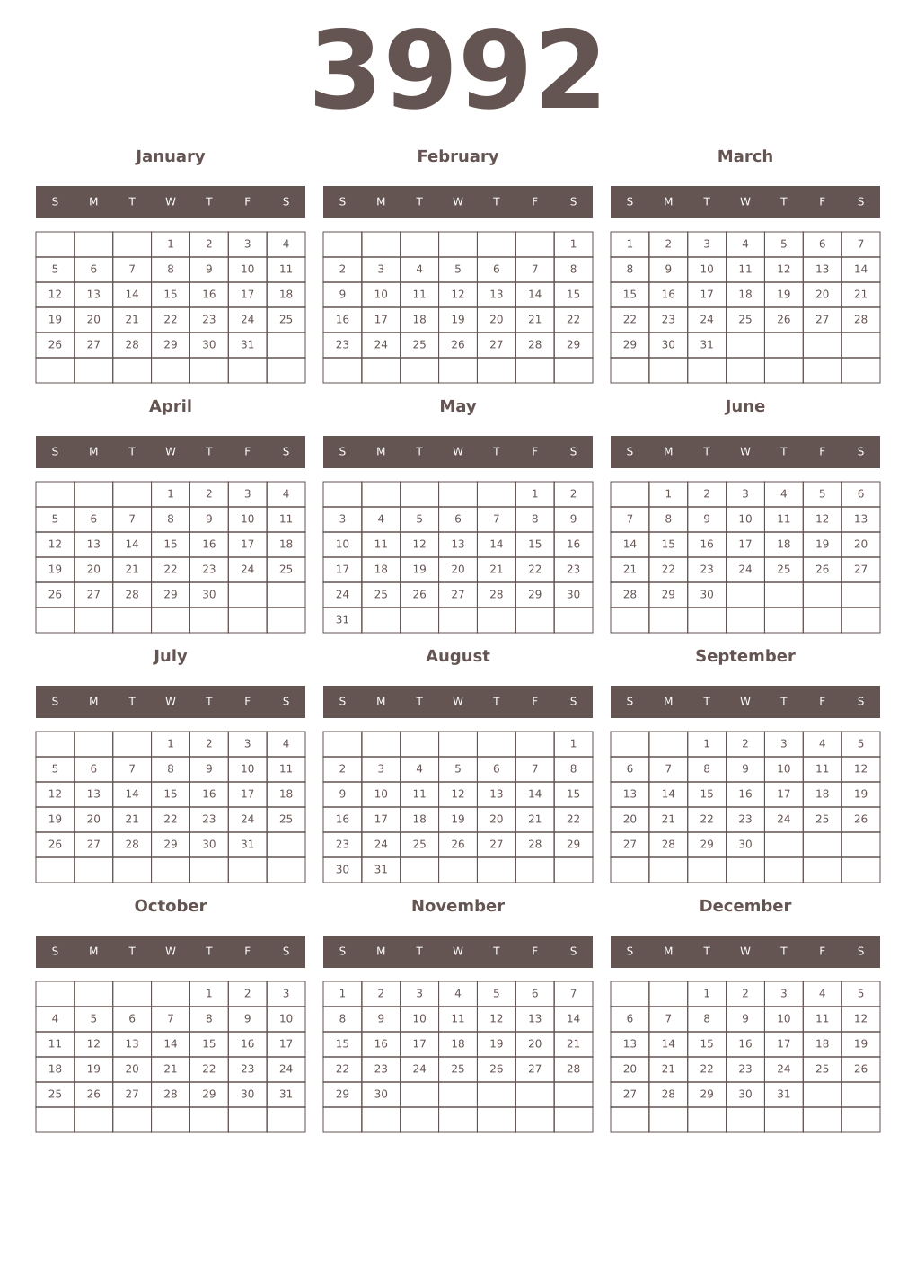 Printable 3992 Year Calendars wenge