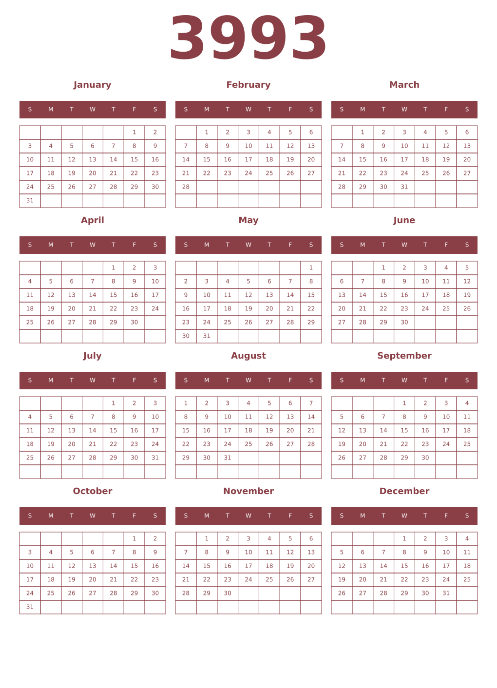 Printable 3993 Year Calendars cordovan