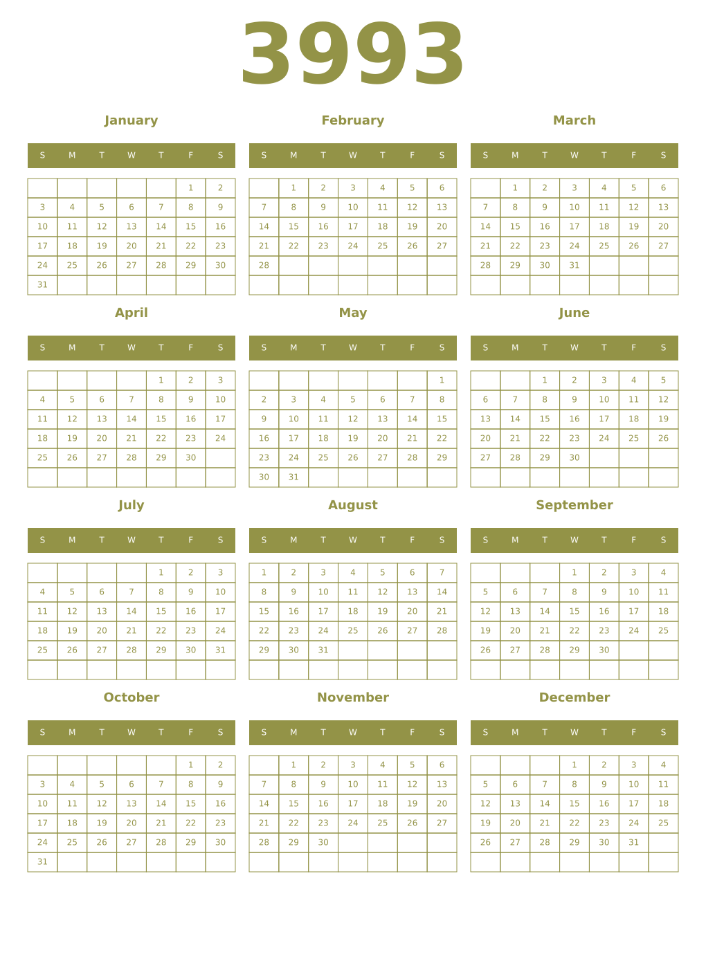 Printable 3993 Year Calendars eburnean