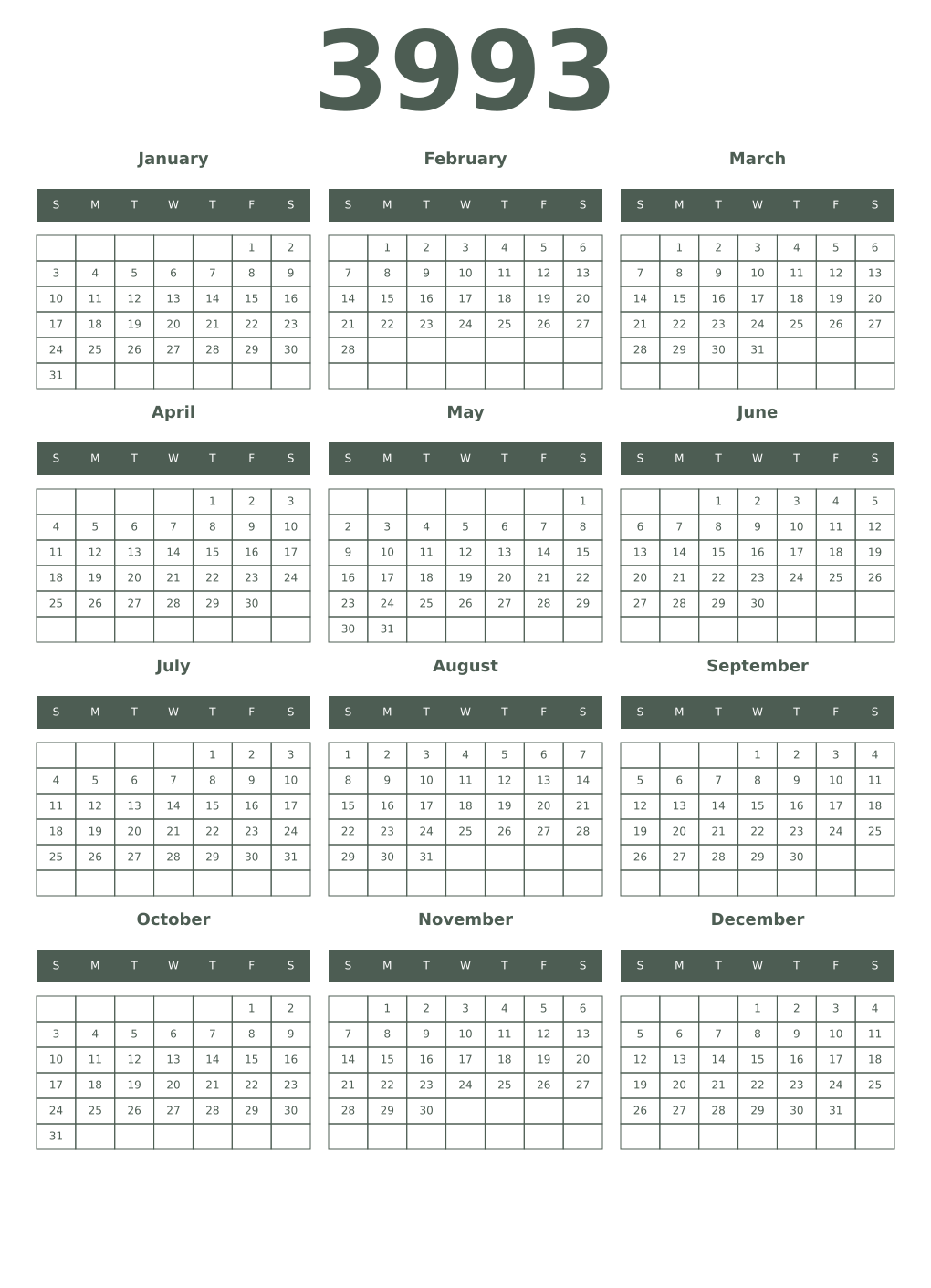 Printable 3993 Year Calendars feldgrau