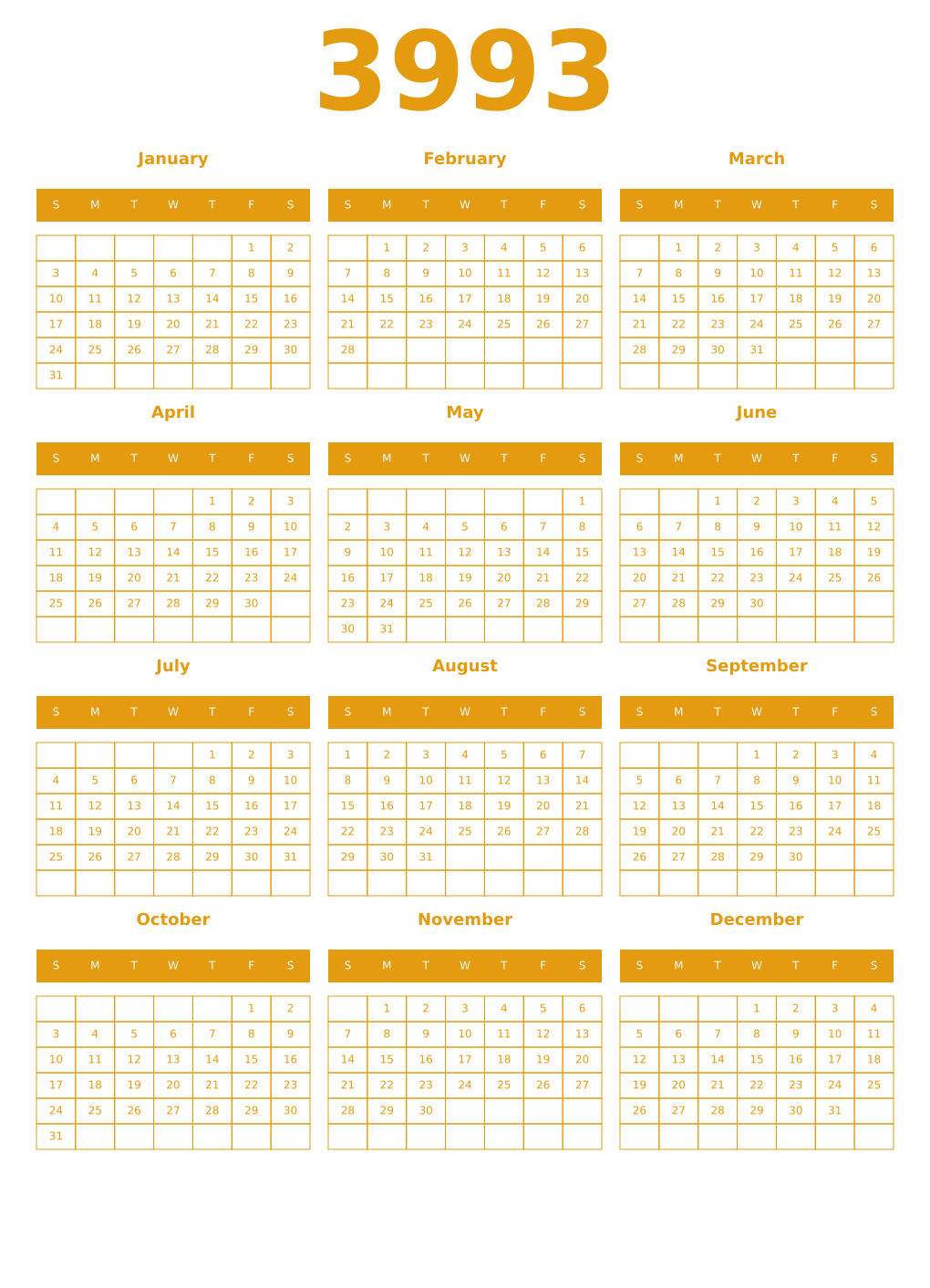 Printable 3993 Year Calendars gamboge