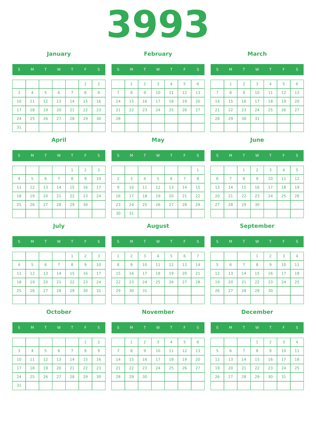 Printable 3993 Year Calendars green
