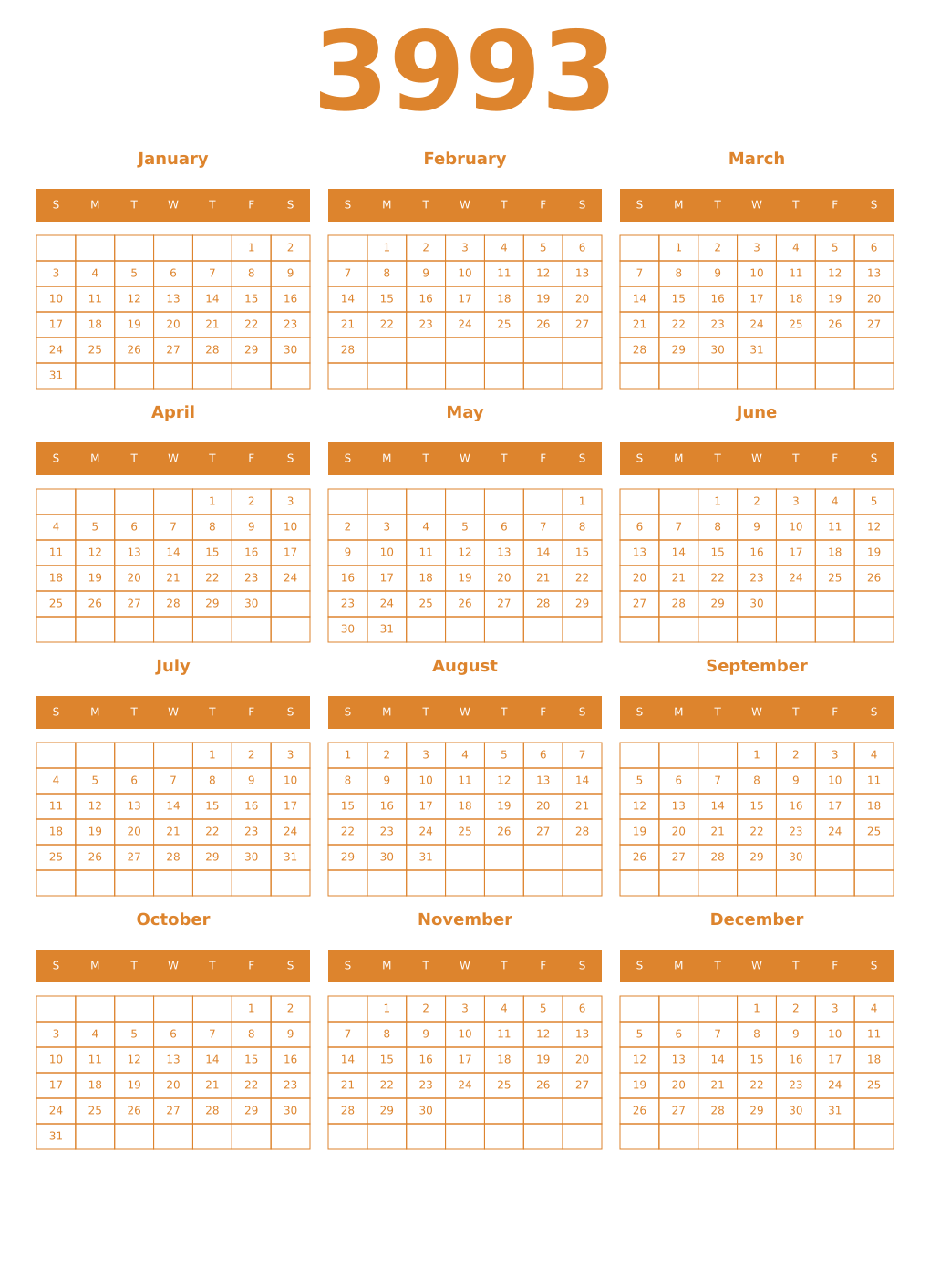 Printable 3993 Year Calendars orange