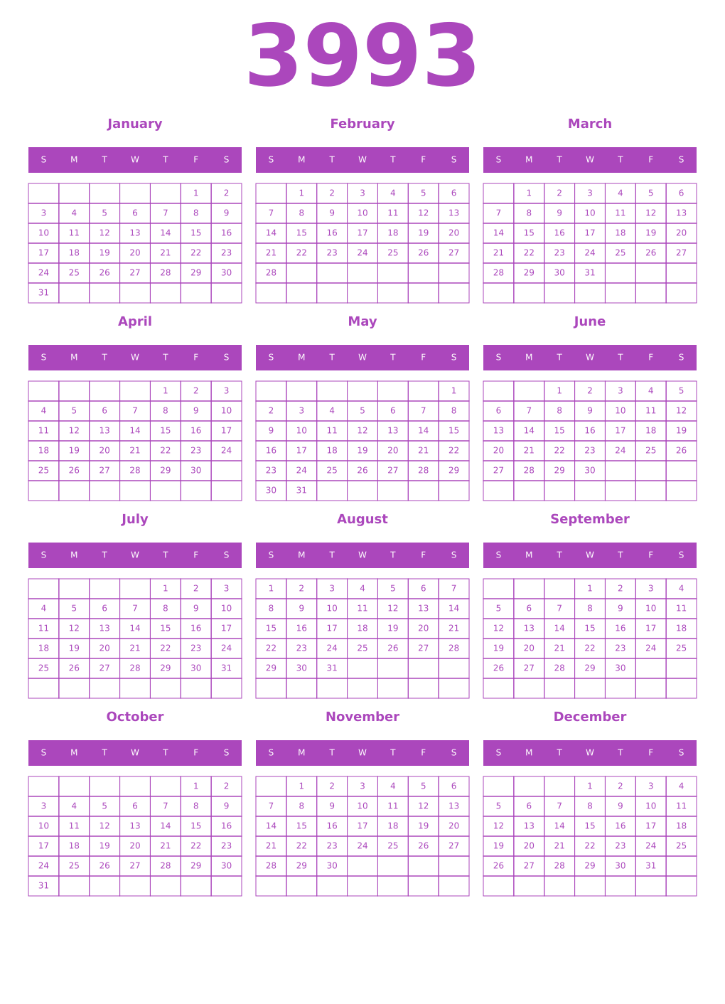 Printable 3993 Year Calendars purple