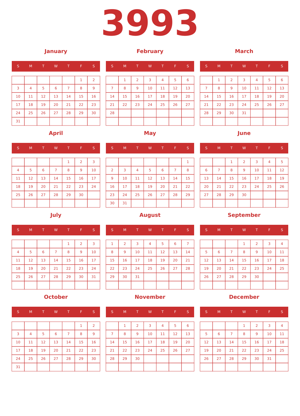 Printable 3993 Year Calendars red