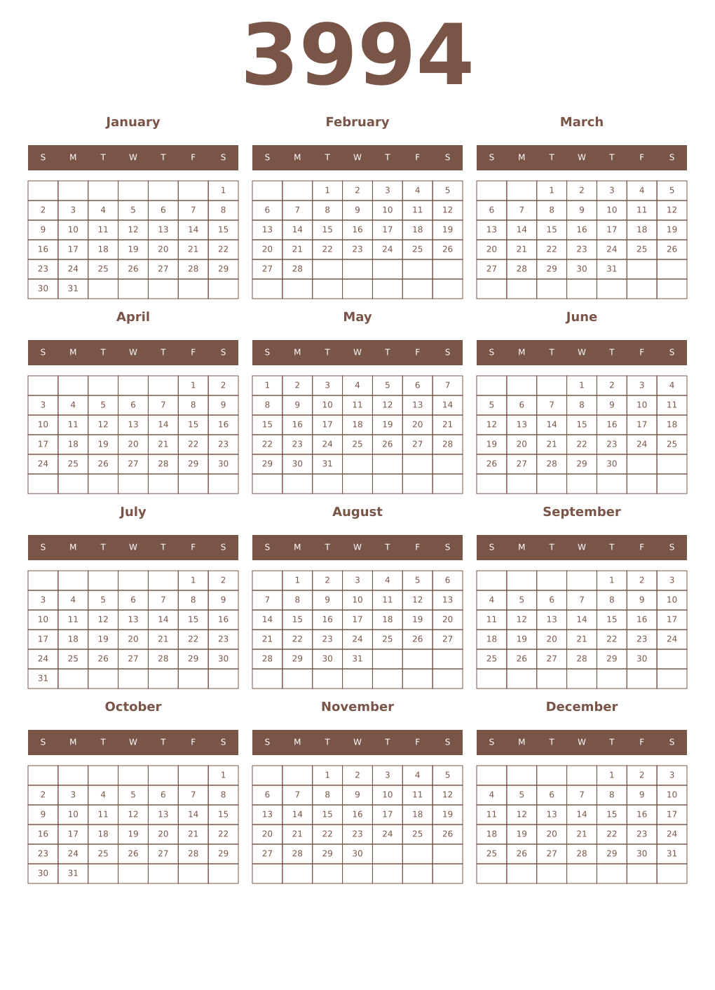 Printable 3994 Year Calendars coffe