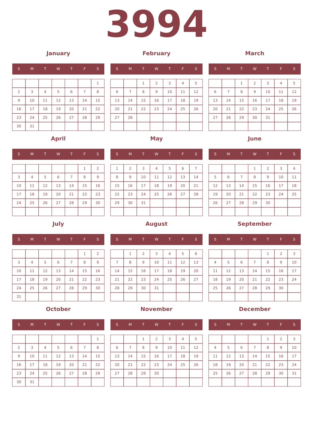 Printable 3994 Year Calendars cordovan