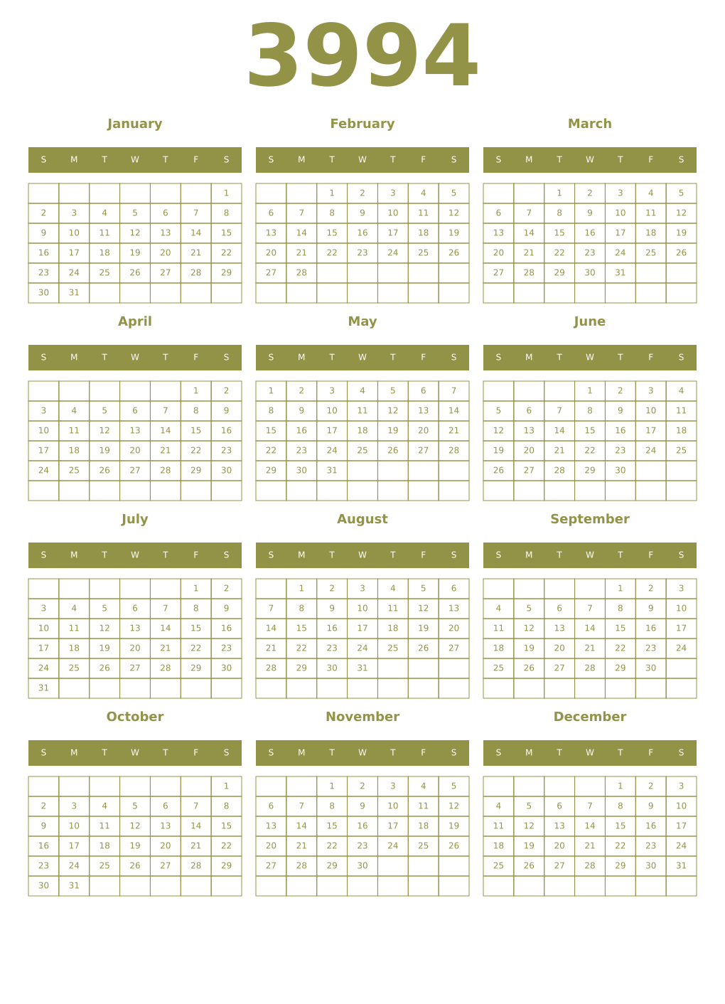 Printable 3994 Year Calendars eburnean
