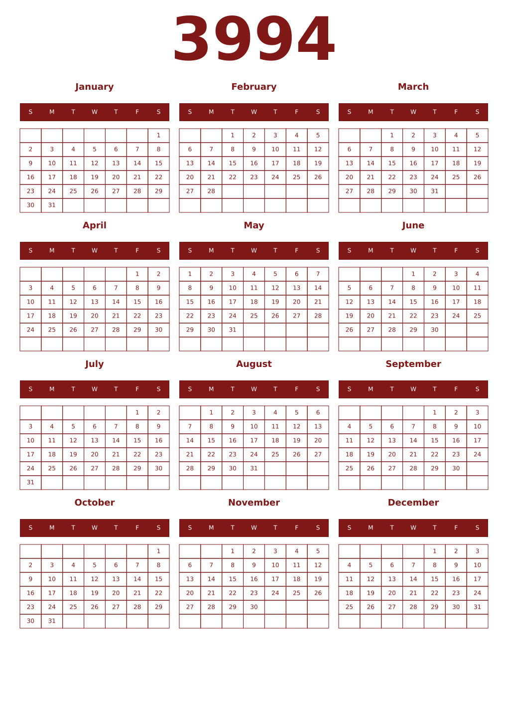 Printable 3994 Year Calendars falu
