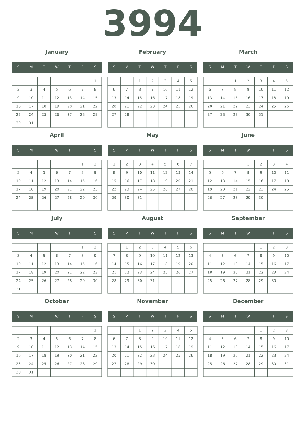 Printable 3994 Year Calendars feldgrau