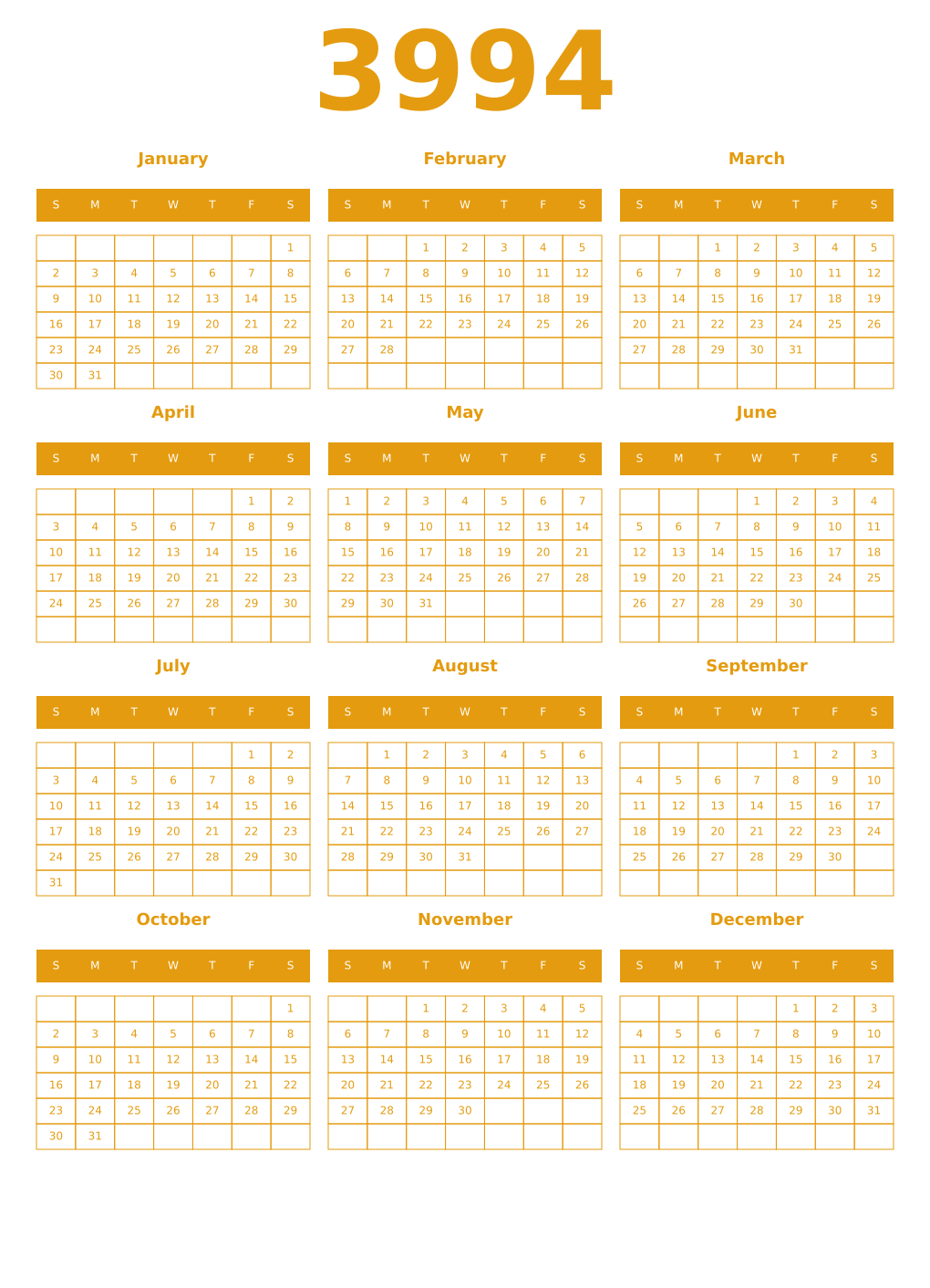 Printable 3994 Year Calendars gamboge