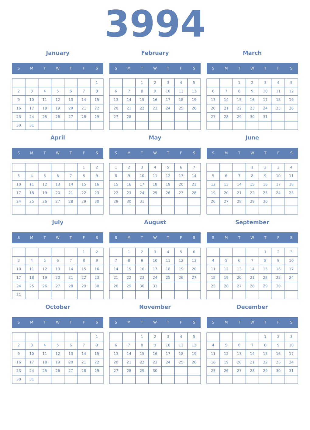 Printable 3994 Year Calendars glaucous