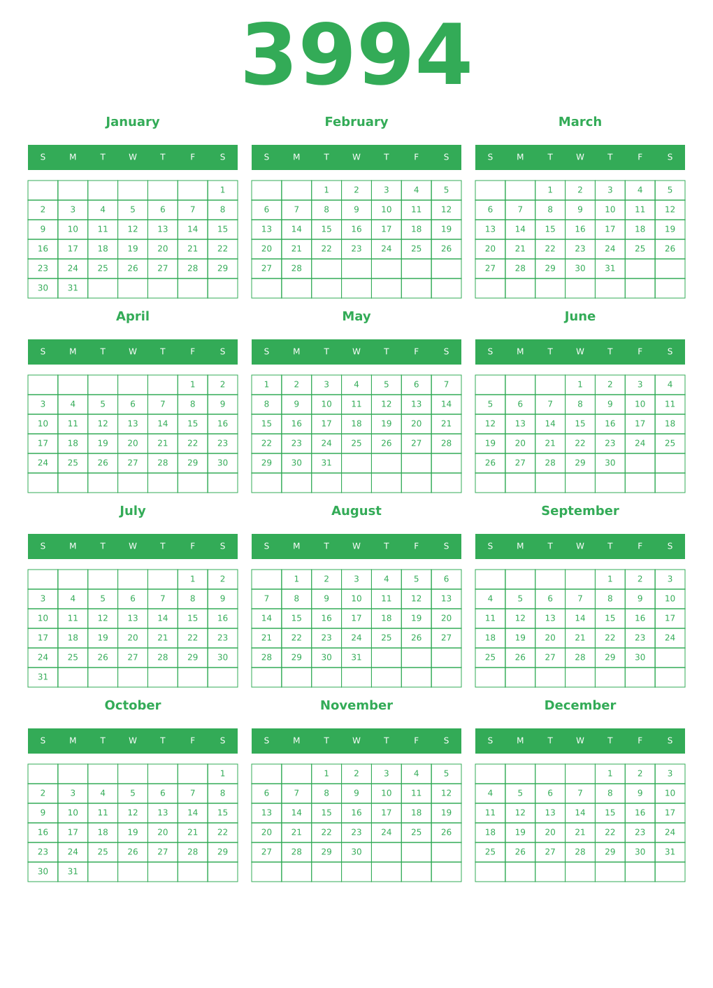Printable 3994 Year Calendars green