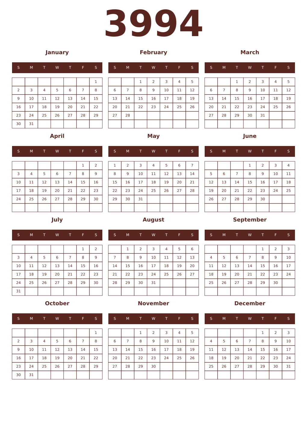 Printable 3994 Year Calendars mortuum