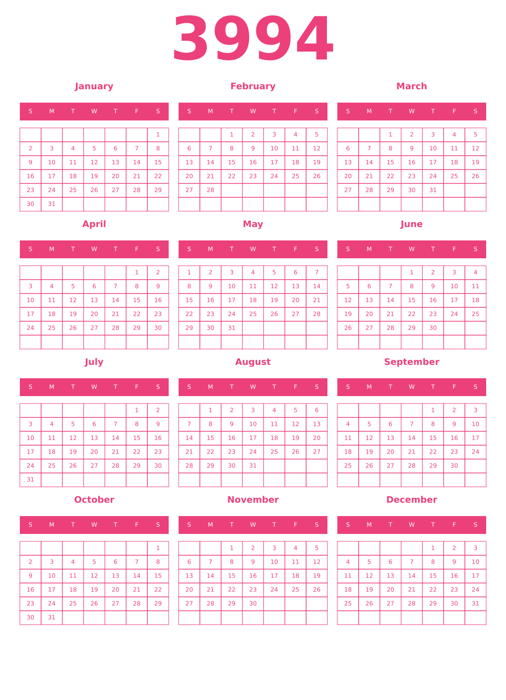 Printable 3994 Year Calendars pink