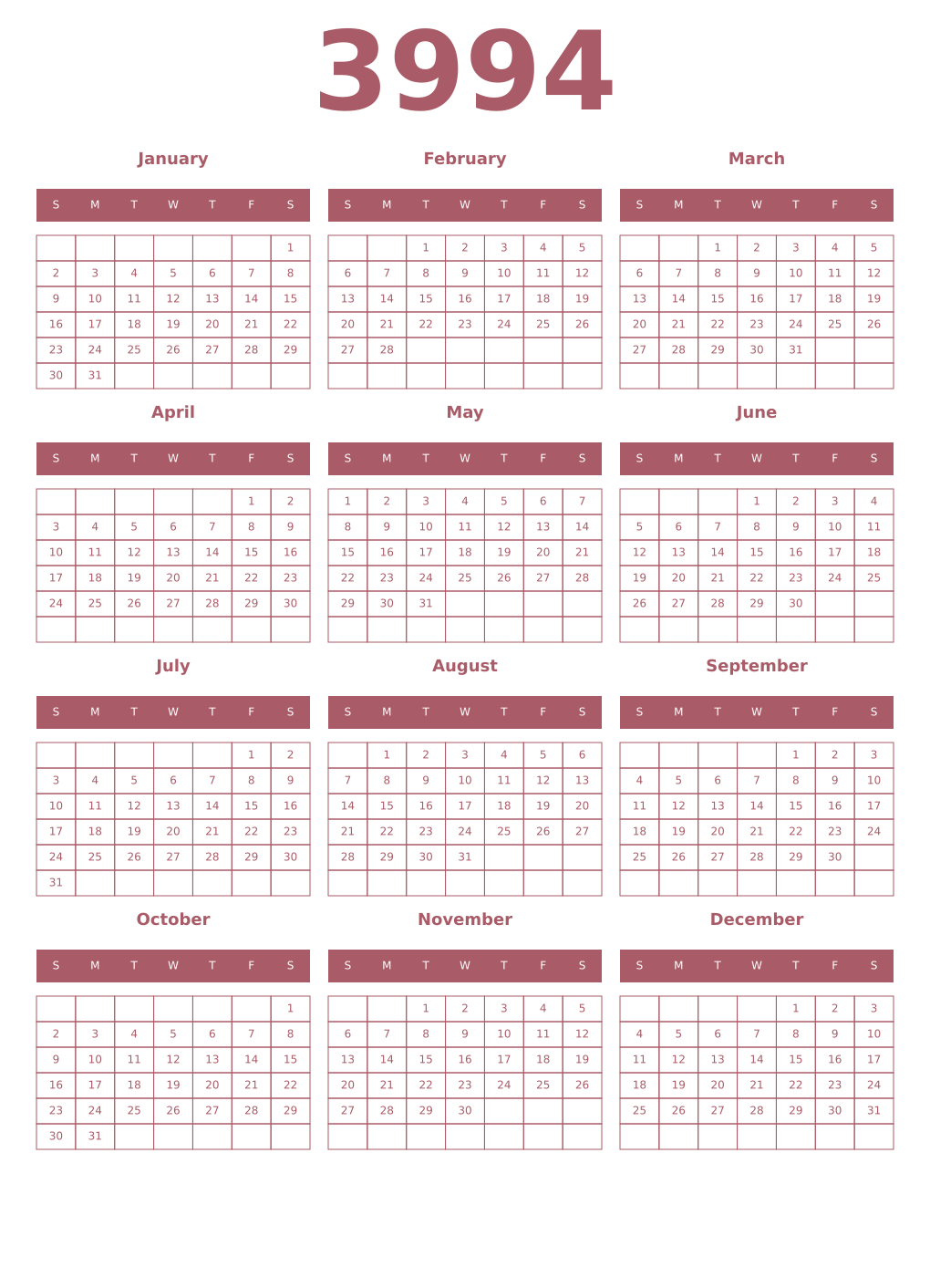 Printable 3994 Year Calendars puce