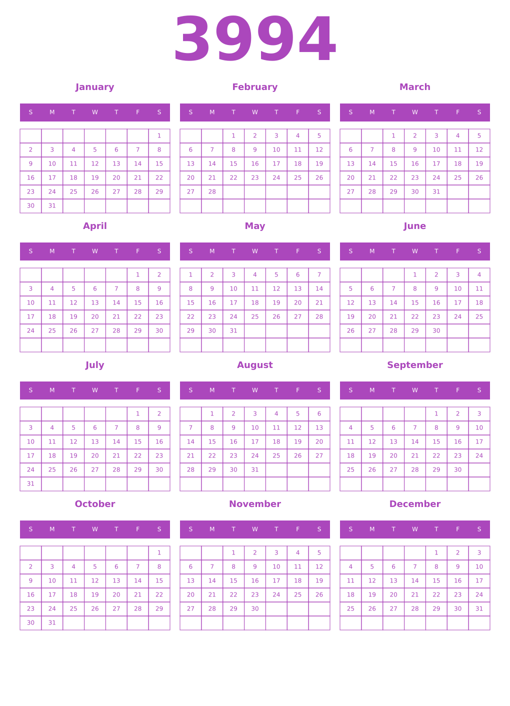 Printable 3994 Year Calendars purple