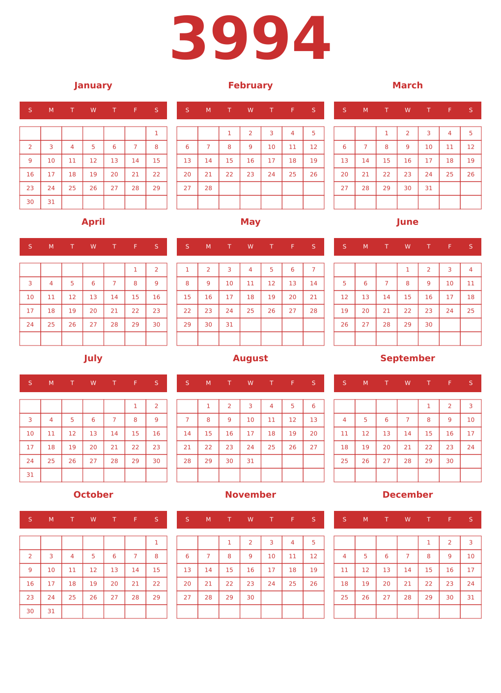Printable 3994 Year Calendars red