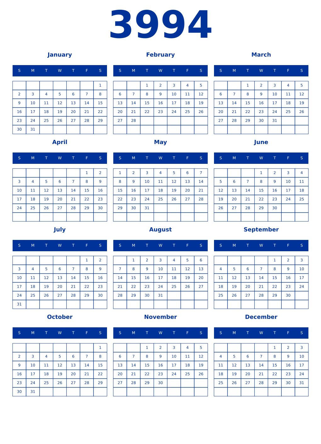 Printable 3994 Year Calendars smalt