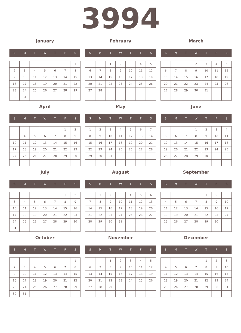 Printable 3994 Year Calendars wenge