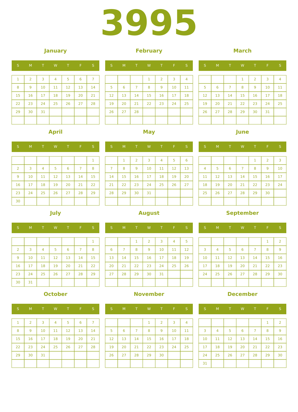 Printable 3995 Year Calendars chartreuse