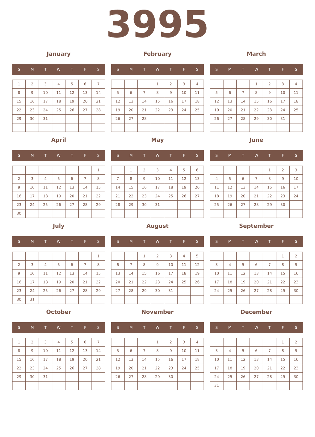 Printable 3995 Year Calendars coffe