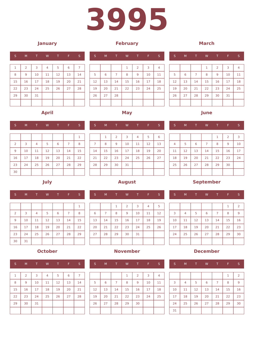Printable 3995 Year Calendars cordovan