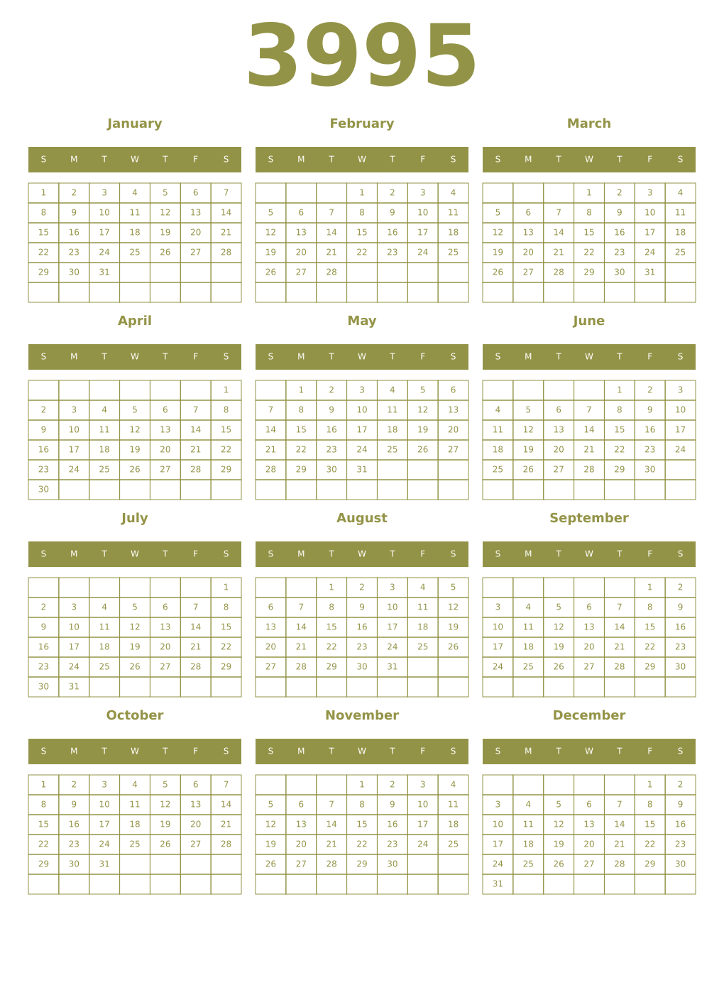 Printable 3995 Year Calendars eburnean