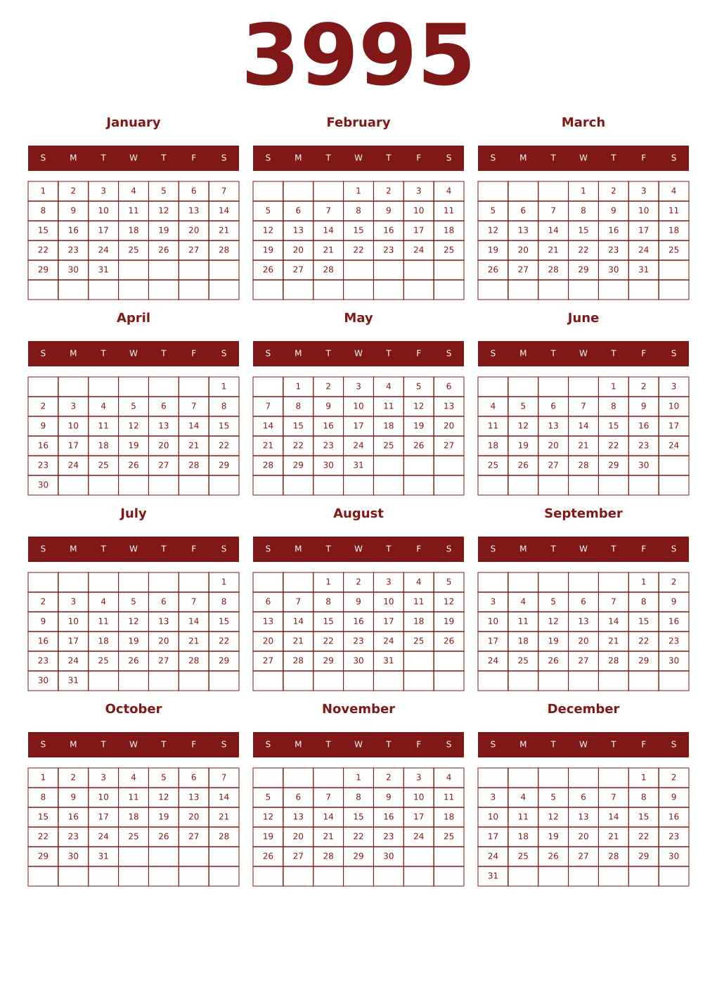 Printable 3995 Year Calendars falu